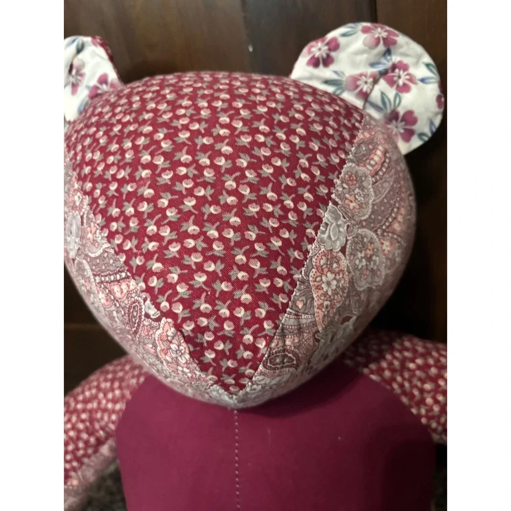 Vintage Handmade Patchwork Teddy Bear Burgundy Floral Paisley Gingham Plush 15